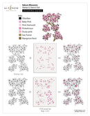 Sakura Blossoms stamp and stencil set with ink color guide and layering examples.