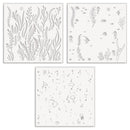 Three decorative stencils with underwater and nature-themed designs on a white background.