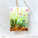 Card with underwater scene design featuring coral, fish, and the word 'hello' on a white background.