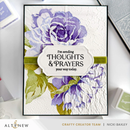 Card with purple flowers and 'I'm sending thoughts & prayers your way today' text on a white background.