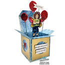 Cardboard box with a fairy figure, balloons, and text on a white background