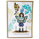 Birthday card with a fairy character, butterflies, and birthday balloons on a white background.
