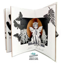 Fairy-themed pop-up card with black and white illustrations and butterflies on a white background.