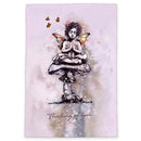 Artistic depiction of a fairy with butterfly wings on a light background with 'Thinking of you' text.