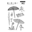 Set of black and white beach-themed stamps including umbrellas, chairs, and birds on a white background.