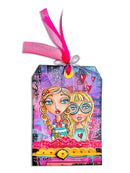 Colorful gift tag with two illustrated girls and a pink ribbon on a white background