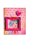 Colorful artwork with a polka dot background, heart, and framed portrait of a person with blue hair.