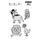 Set of black and white animal illustrations including a donkey, owl, lion, and rooster on a white background.