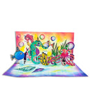Colorful underwater scene with sea creatures and bubbles on a white background