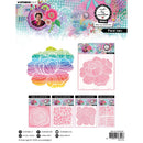 Collection of floral design stamps with colorful patterns on a white background.