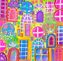 Colorful pattern of variously shaped windows and doors on a yellow background