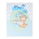 Baby-themed card with a giraffe, flowers, and baby items on a polka dot background.
