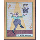 Cartoon birthday card with a man juggling balls and text about getting old with the right people.