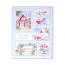 Decorative greeting card with illustrations of a house, flowers, teacups, and cake on a white background.