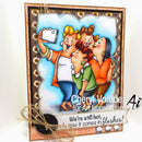 Card with illustration of four people taking a selfie, featuring the brand 'Art Impressions'.