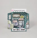 Get well soon card with illustrations of a hospital room and 'Prayers for you!' text on a white background.