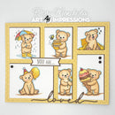 Set of six teddy bear stamps with various poses and accessories on a white background, featuring the Art Impressions brand.