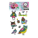 Packaging of clear stamps with colorful owl designs and decorative elements.