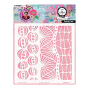 Artistic mask with pink patterns on a colorful packaging background