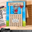 Card with a mouse holding a heart and text 'Kissing Booth 52' with a 'Brutus Monroe' stamp set in the background.