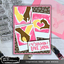 Card with 'I Seriously Love You' text and hand stamps on a wooden surface with Brutus Monroe branding.