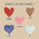 Five heart-shaped colors with labels on a beige background, inspired by Brutus Monroe.