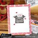 Card with typewriter illustration and 'you are my type' text, framed with a red checkered border, on a wooden surface.