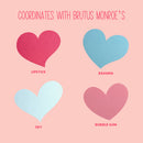 Four heart shapes in pink, blue, and red on a pink background with color names.