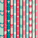 Collection of patterned paper sheets with heart designs in various colors.