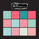 Grid of heart patterns in pink and blue with 'Brutus Monroe' branding on a black background.