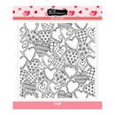 Stamp with various heart designs on a white background with pink border