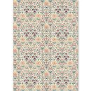 Patterned fabric with a diamond grid design featuring flowers and geometric shapes in pastel colors.