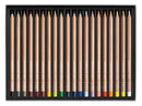 Set of colored pencils in a black box with a rainbow of colors on a white background