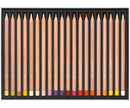 Set of colored pencils with color swatches on a black tray