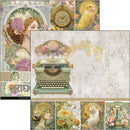 Collage of vintage-style illustrations including a typewriter, women's faces, and nature elements.