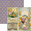 Decorative paper with floral design, woman's face, and 'Cafe des Arts' text.
