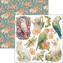 Vintage-style illustration of birds, cats, and flowers with a floral pattern.