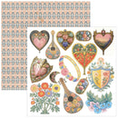 Vintage-style decorative elements including hearts, flowers, and musical instruments on a patterned background.