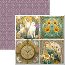Collage of decorative elements including floral patterns, animals, and a clock.