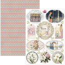 Collection of vintage-style stickers with patterns, illustrations, and scenic designs.