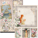 Collage of vintage-style paper designs with castle, woman, flowers, and mandolin.