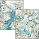 Seashell-themed paper with blue and beige colors on a textured background