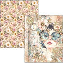 Collage of floral patterns and a stylized illustration of a woman with goggles and flowers.