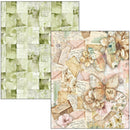 Two sheets of decorative paper with floral and vintage design elements.
