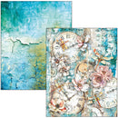 Decorative paper with floral and clock design on a textured blue background