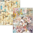 Two decorative paper sheets with vintage design elements and floral illustrations.