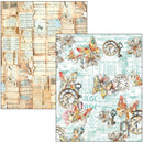 Two sheets of decorative paper with vintage-themed designs featuring butterflies, clocks, and floral elements.