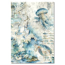 Decorative paper with ocean-themed collage featuring a jellyfish and turtle on a textured background.