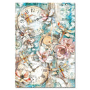 Decorative paper with vintage clocks, flowers, and dragonflies on a white background