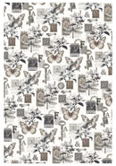 Pattern with butterflies, keys, and letters on a white background